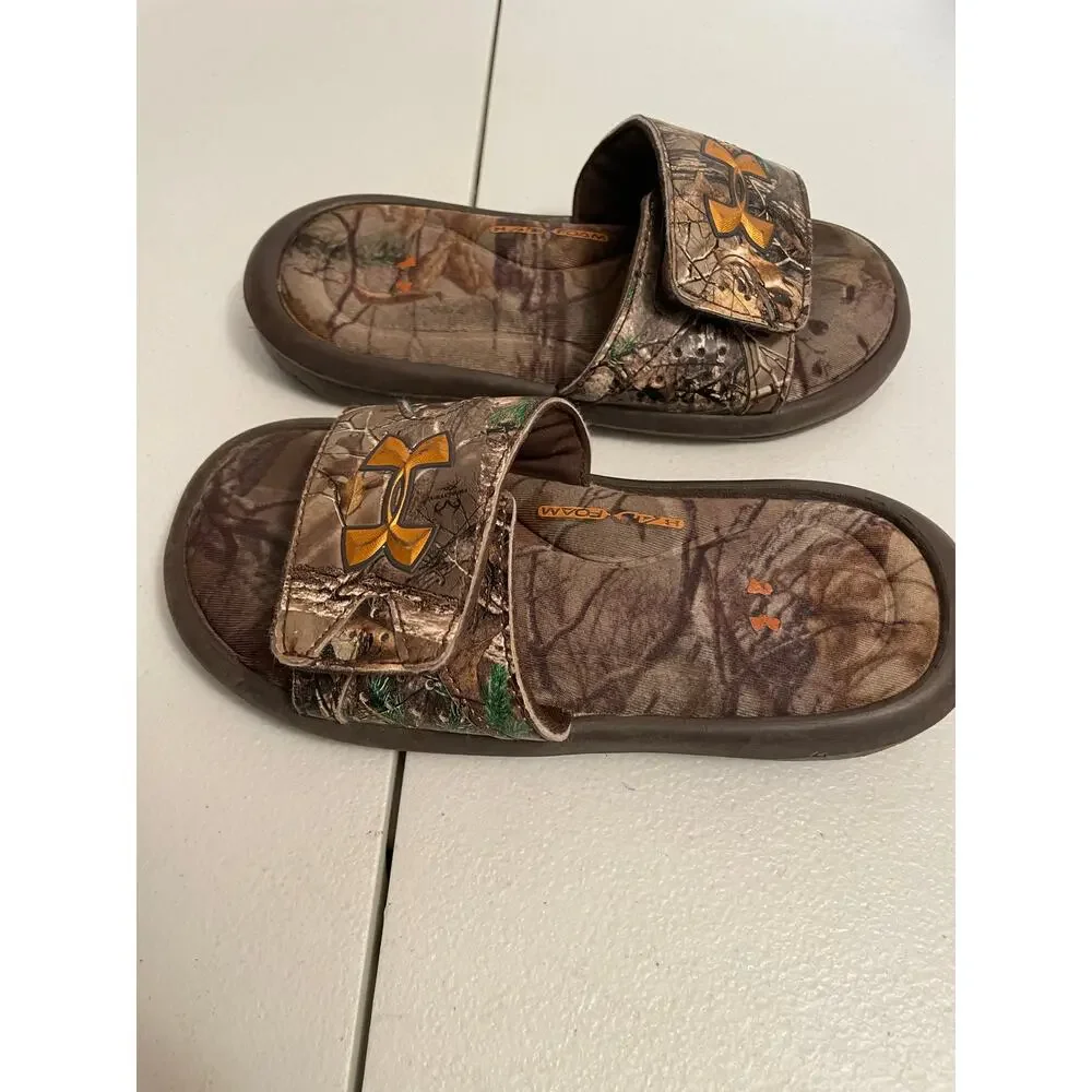 Under Armour kids youth 4D foam Real Tree camo‎ slip on slides 12 flip flops kid